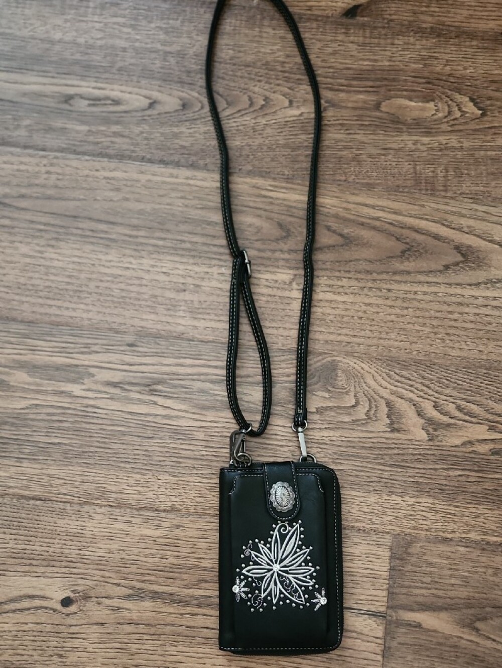 Black Embroidered Crossbody Wallet Bag with Silver Accents - Picture 3 of 6